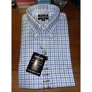 NWT Kirkland Men's Button Up Shirt Size 16 x 32/33 NWT - blue grey plaid